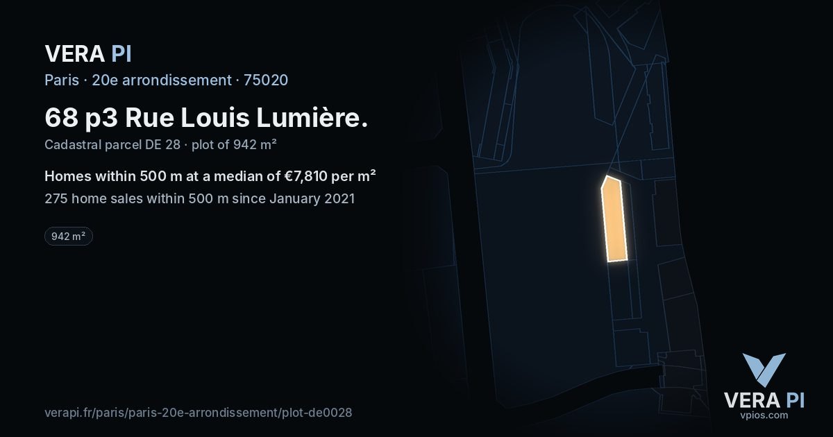 68 p3 Rue Louis Lumière, 20e arrondissement at night – the plot lit, the parcels around coloured by the prices near them