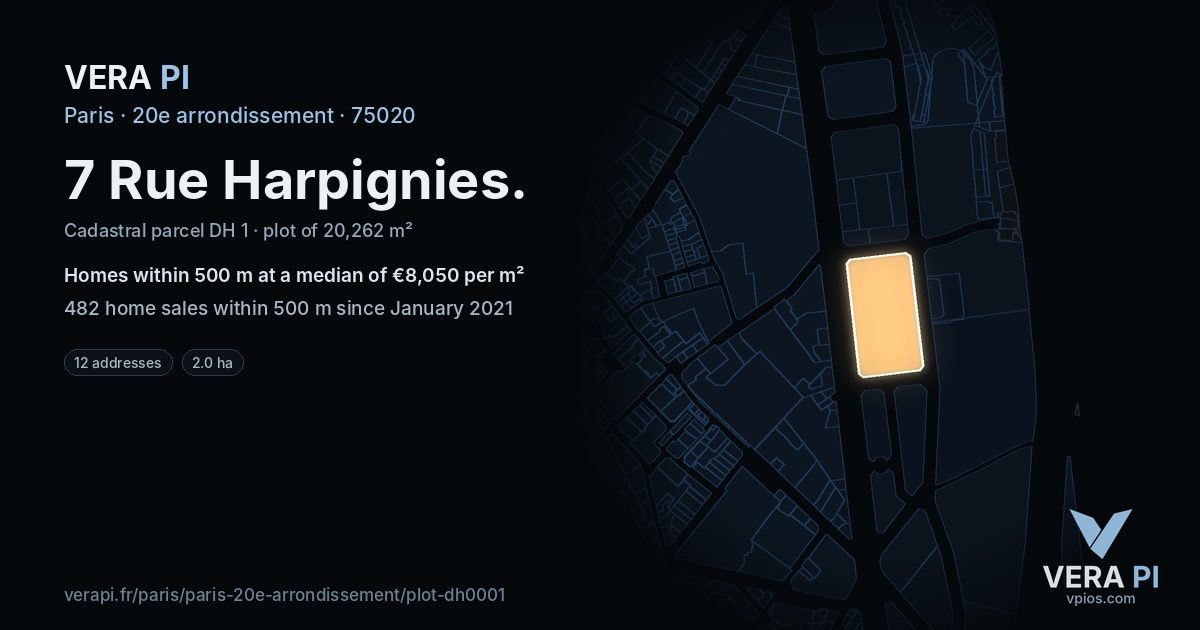 7 Rue Harpignies, 20e arrondissement at night – the plot lit, the parcels around coloured by the prices near them