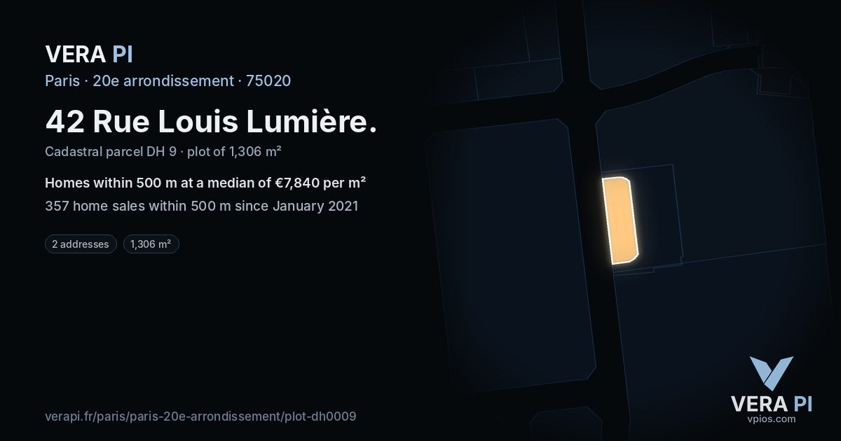 42 Rue Louis Lumière, 20e arrondissement at night – the plot lit, the parcels around coloured by the prices near them