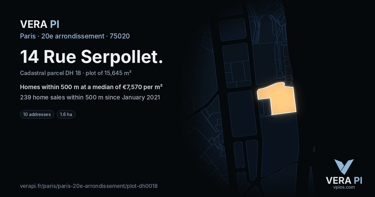 14 Rue Serpollet, 20e arrondissement at night – the plot lit, the parcels around coloured by the prices near them
