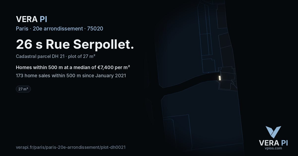 26 s Rue Serpollet, 20e arrondissement at night – the plot lit, the parcels around coloured by the prices near them