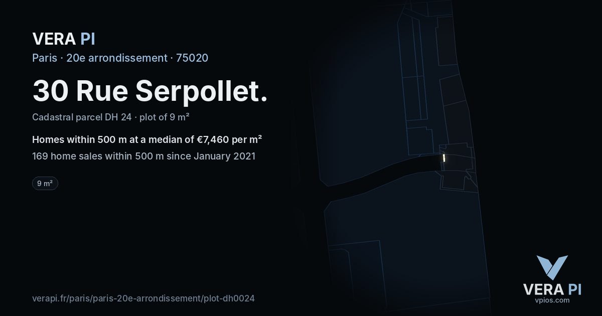 30 Rue Serpollet, 20e arrondissement at night – the plot lit, the parcels around coloured by the prices near them
