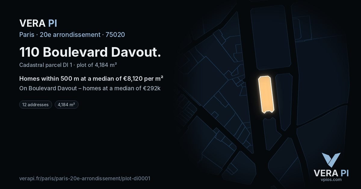 110 Boulevard Davout, 20e arrondissement at night – the plot lit, the parcels around coloured by the prices near them