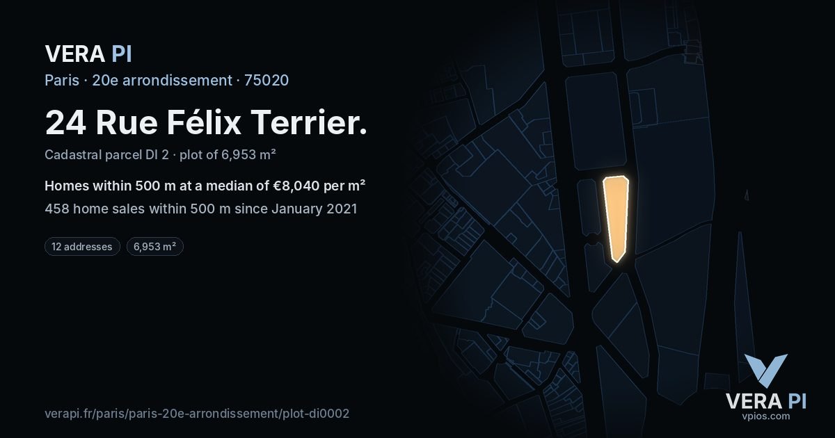 24 Rue Félix Terrier, 20e arrondissement at night – the plot lit, the parcels around coloured by the prices near them