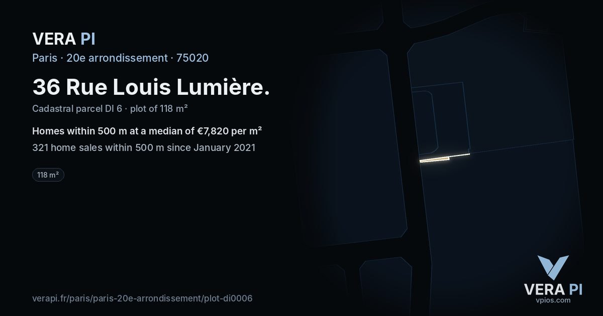 36 Rue Louis Lumière, 20e arrondissement at night – the plot lit, the parcels around coloured by the prices near them