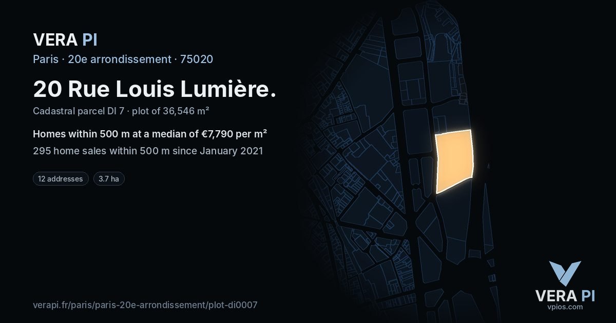 20 Rue Louis Lumière, 20e arrondissement at night – the plot lit, the parcels around coloured by the prices near them