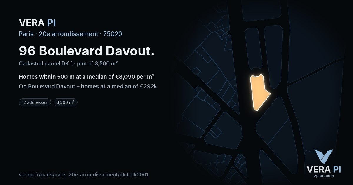 96 Boulevard Davout, 20e arrondissement at night – the plot lit, the parcels around coloured by the prices near them