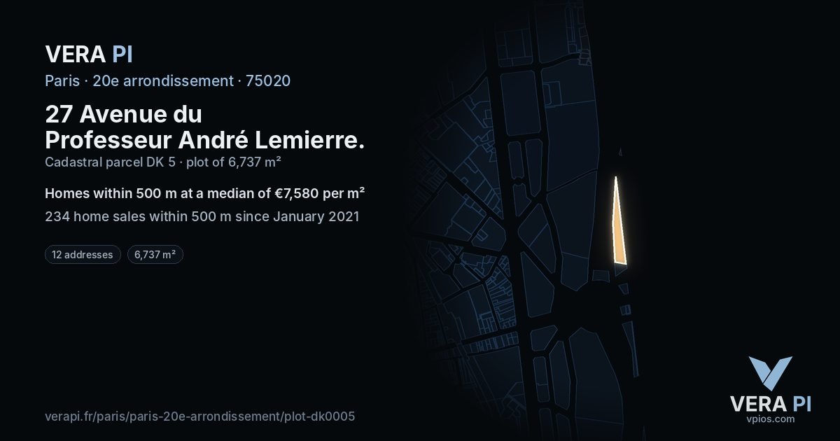 27 Avenue du Professeur André Lemierre, 20e arrondissement at night – the plot lit, the parcels around coloured by the prices near them