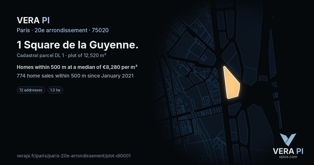 1 Square de la Guyenne, 20e arrondissement at night – the plot lit, the parcels around coloured by the prices near them