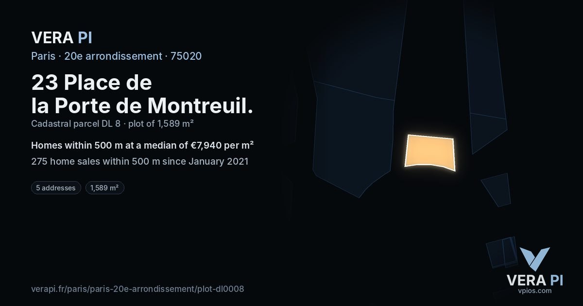 23 Place de la Porte de Montreuil, 20e arrondissement at night – the plot lit, the parcels around coloured by the prices near them