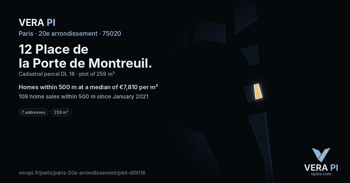 12 Place de la Porte de Montreuil, 20e arrondissement at night – the plot lit, the parcels around coloured by the prices near them