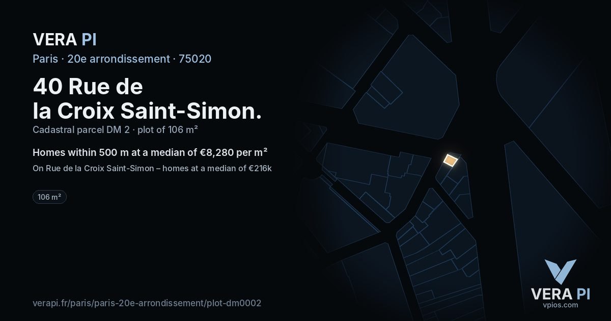 40 Rue de la Croix Saint-Simon, 20e arrondissement at night – the plot lit, the parcels around coloured by the prices near them