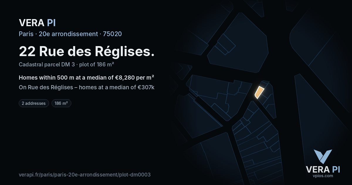22 Rue des Réglises, 20e arrondissement at night – the plot lit, the parcels around coloured by the prices near them