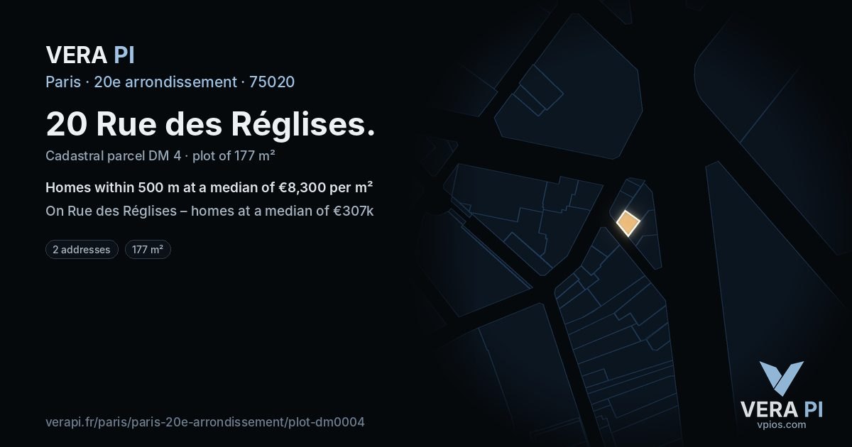 20 Rue des Réglises, 20e arrondissement at night – the plot lit, the parcels around coloured by the prices near them