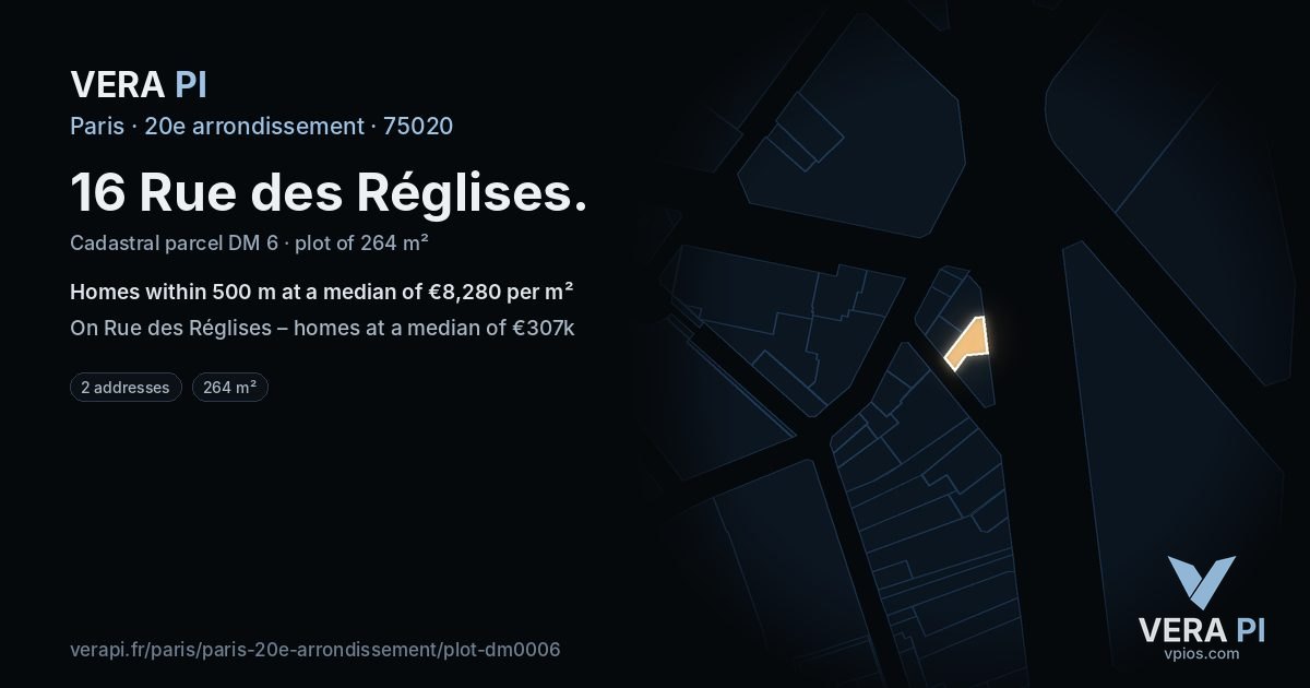 16 Rue des Réglises, 20e arrondissement at night – the plot lit, the parcels around coloured by the prices near them