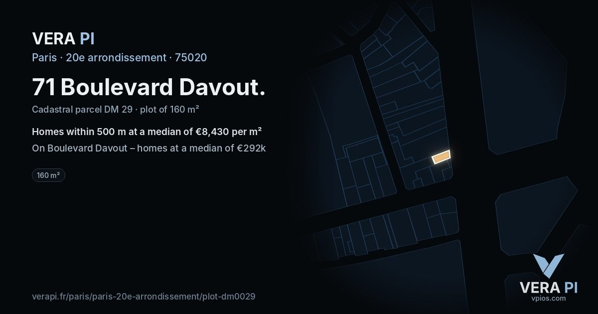 71 Boulevard Davout, 20e arrondissement at night – the plot lit, the parcels around coloured by the prices near them