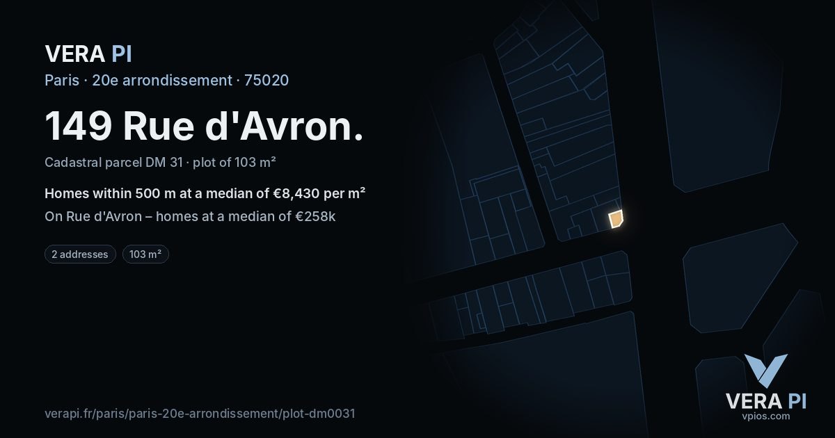 149 Rue d'Avron, 20e arrondissement at night – the plot lit, the parcels around coloured by the prices near them