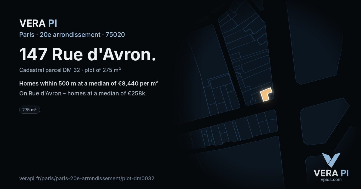 147 Rue d'Avron, 20e arrondissement at night – the plot lit, the parcels around coloured by the prices near them