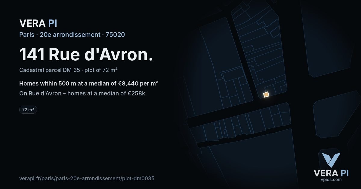 141 Rue d'Avron, 20e arrondissement at night – the plot lit, the parcels around coloured by the prices near them