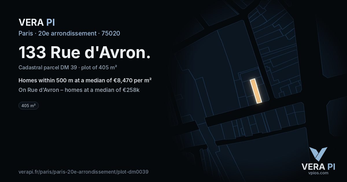 133 Rue d'Avron, 20e arrondissement at night – the plot lit, the parcels around coloured by the prices near them