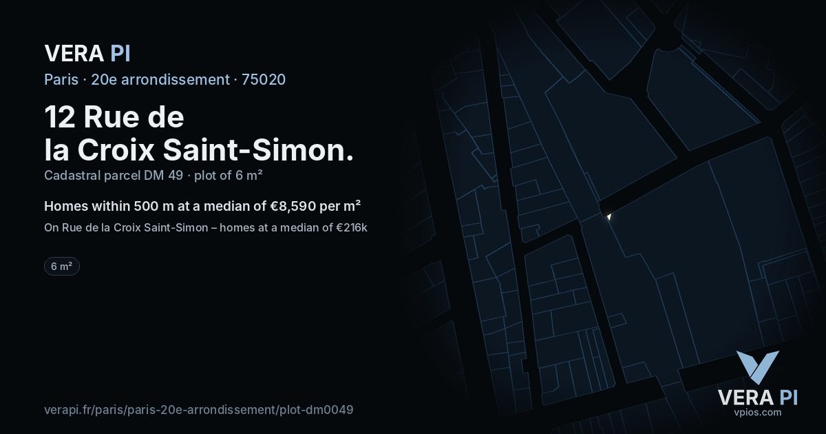 12 Rue de la Croix Saint-Simon, 20e arrondissement at night – the plot lit, the parcels around coloured by the prices near them