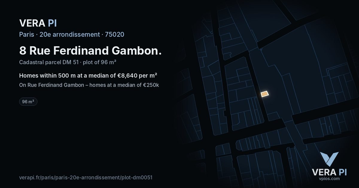 8 Rue Ferdinand Gambon, 20e arrondissement at night – the plot lit, the parcels around coloured by the prices near them