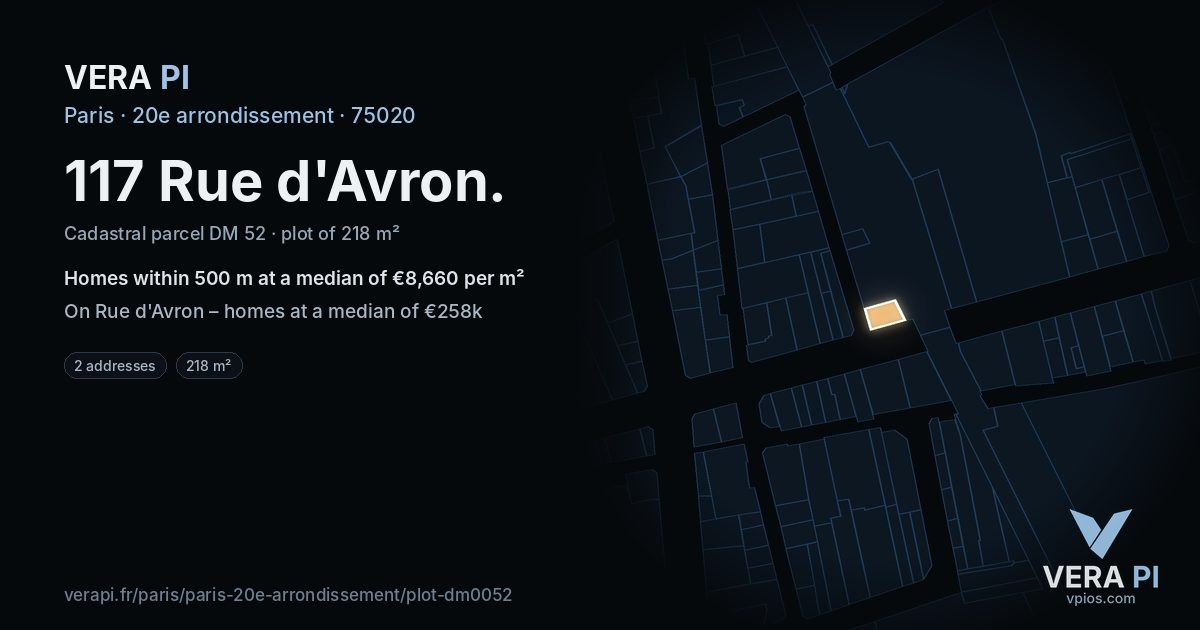 117 Rue d'Avron, 20e arrondissement at night – the plot lit, the parcels around coloured by the prices near them