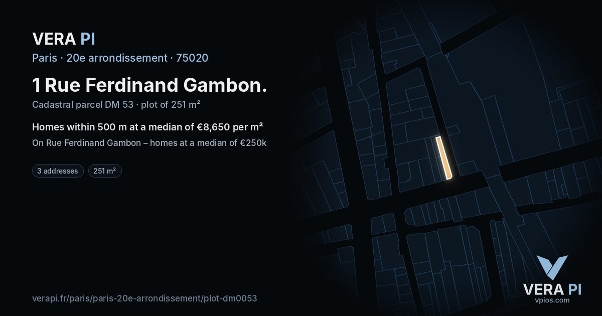 1 Rue Ferdinand Gambon, 20e arrondissement at night – the plot lit, the parcels around coloured by the prices near them