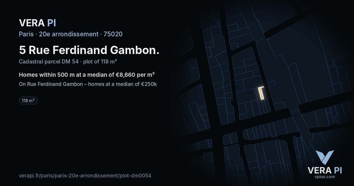 5 Rue Ferdinand Gambon, 20e arrondissement at night – the plot lit, the parcels around coloured by the prices near them