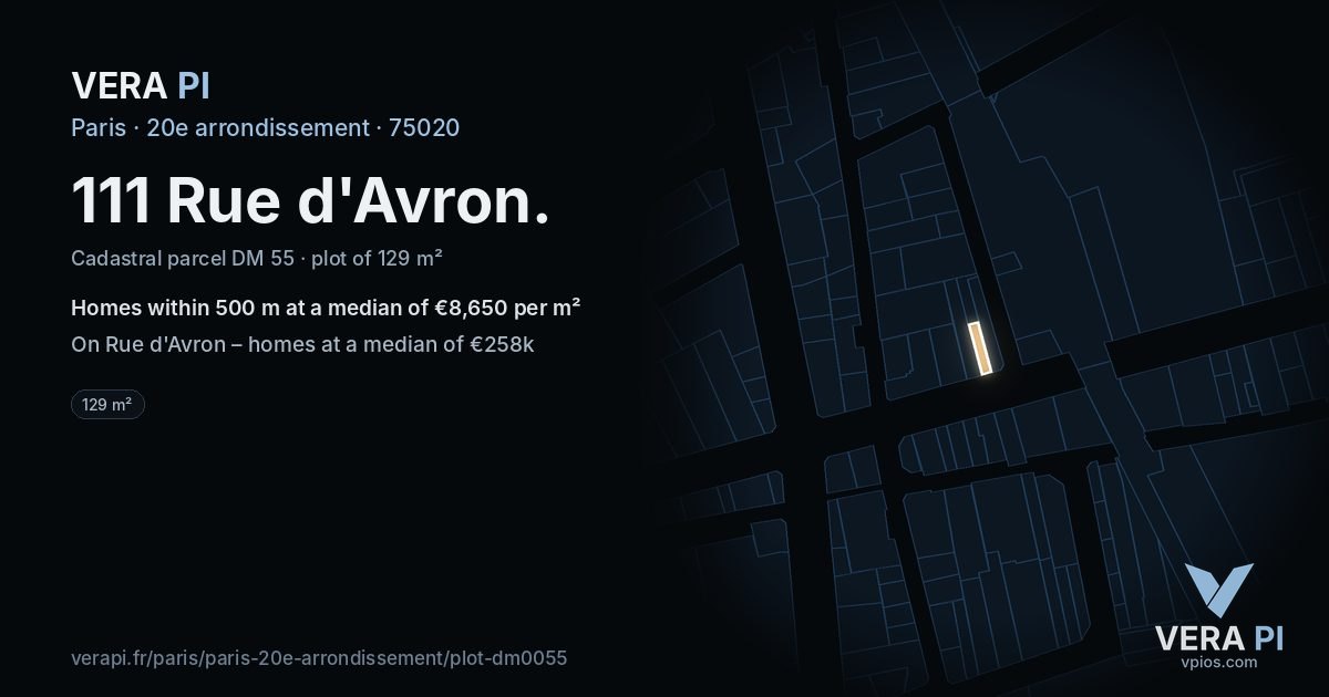 111 Rue d'Avron, 20e arrondissement at night – the plot lit, the parcels around coloured by the prices near them