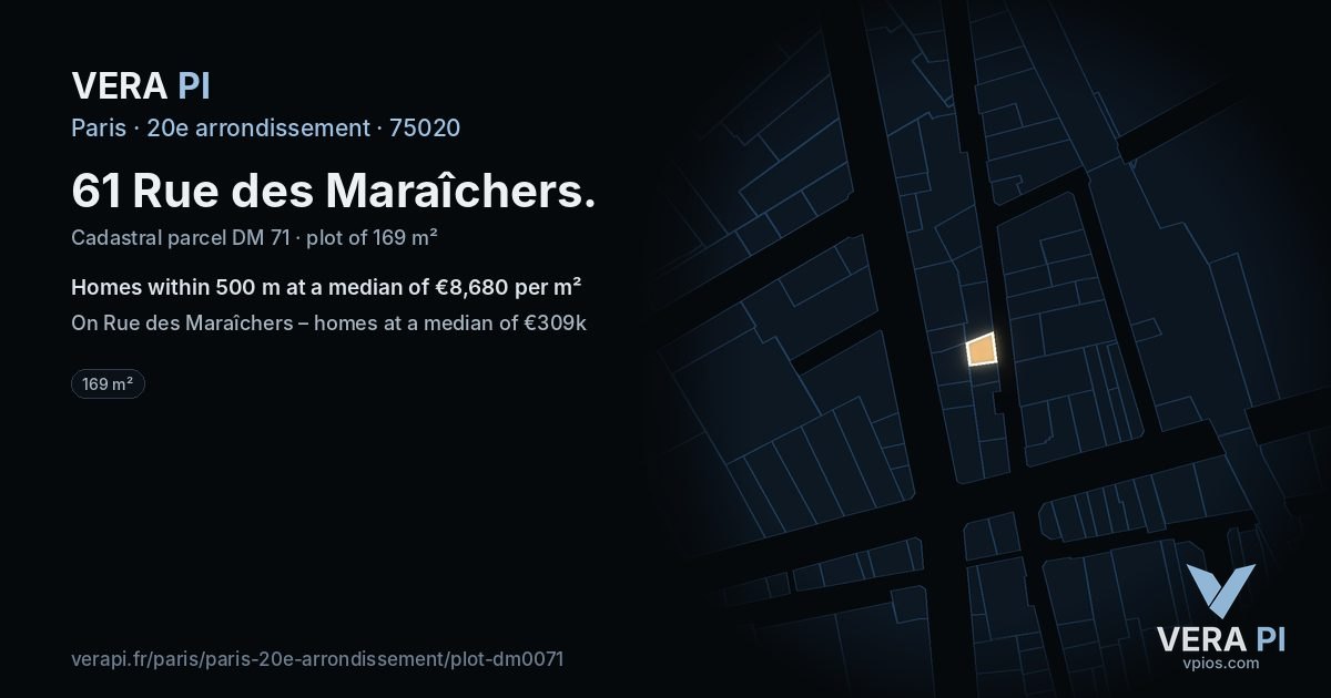 61 Rue des Maraîchers, 20e arrondissement at night – the plot lit, the parcels around coloured by the prices near them