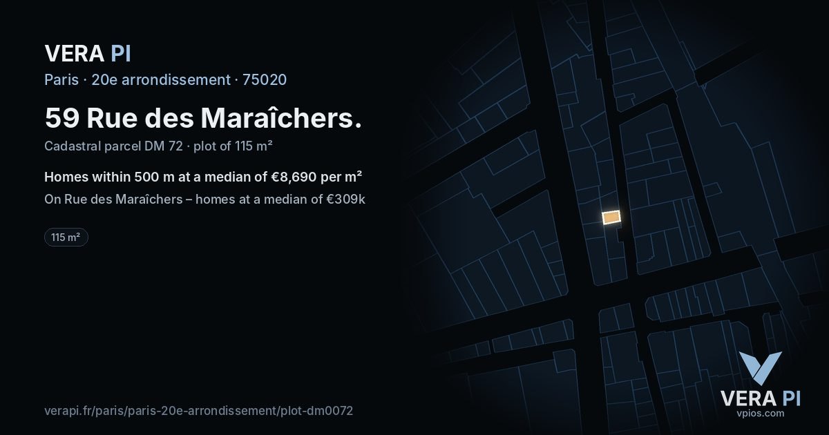 59 Rue des Maraîchers, 20e arrondissement at night – the plot lit, the parcels around coloured by the prices near them