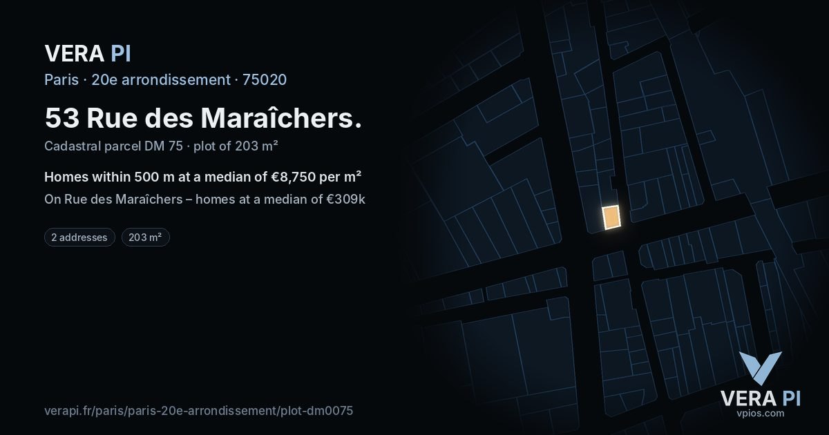 53 Rue des Maraîchers, 20e arrondissement at night – the plot lit, the parcels around coloured by the prices near them