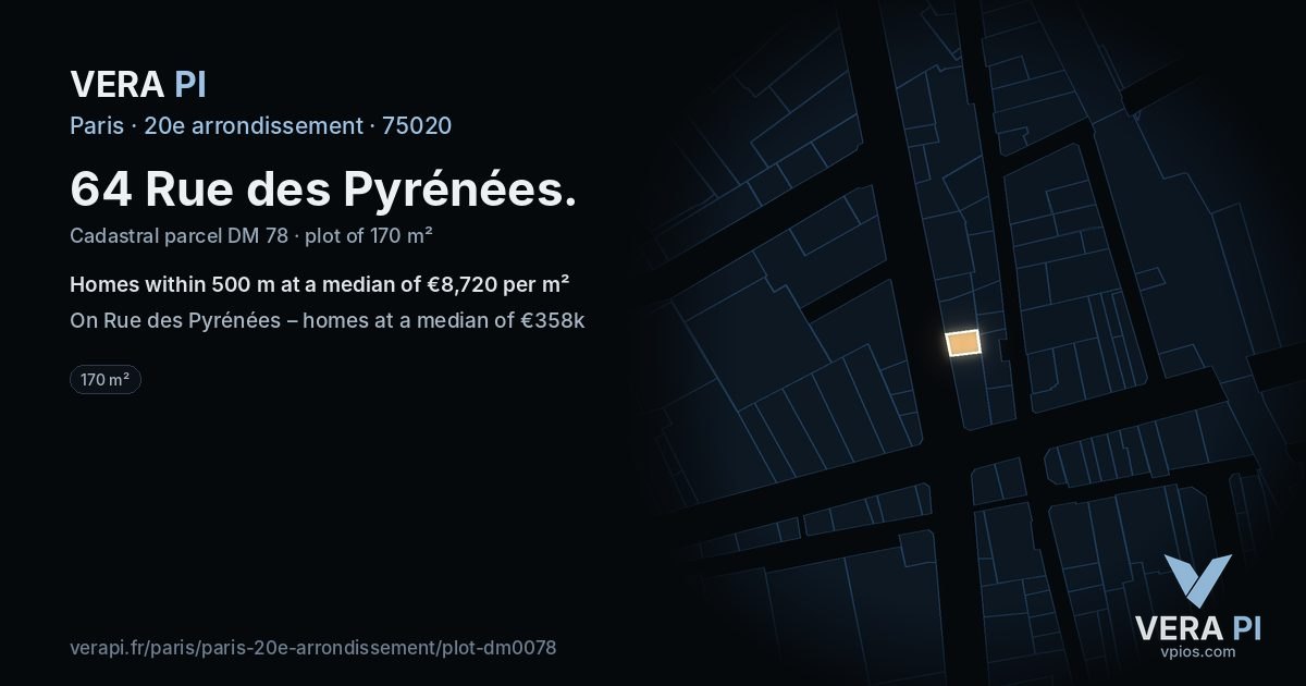 64 Rue des Pyrénées, 20e arrondissement at night – the plot lit, the parcels around coloured by the prices near them