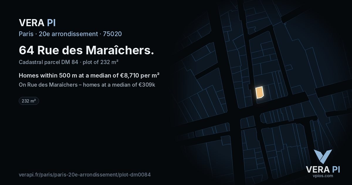 64 Rue des Maraîchers, 20e arrondissement at night – the plot lit, the parcels around coloured by the prices near them