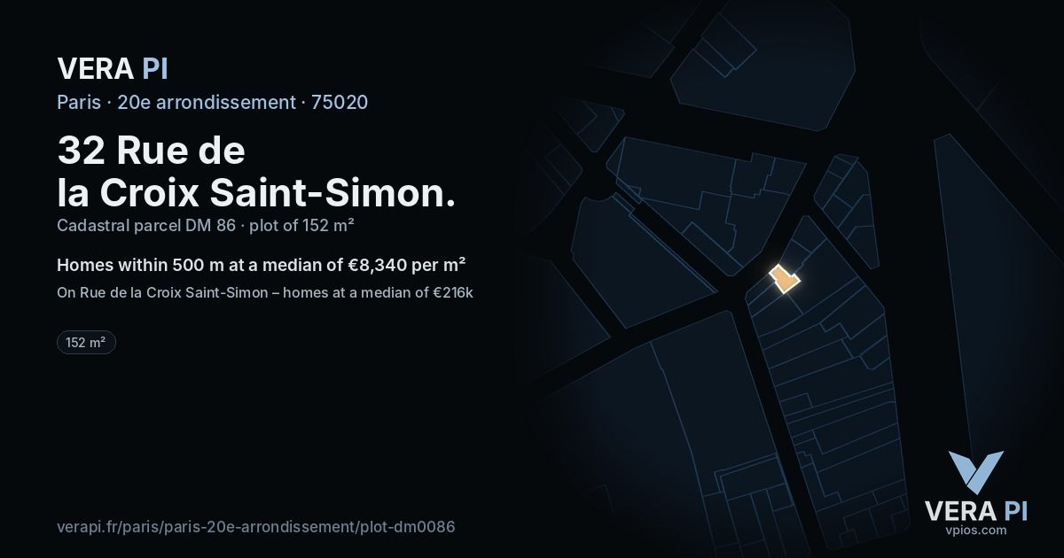 32 Rue de la Croix Saint-Simon, 20e arrondissement at night – the plot lit, the parcels around coloured by the prices near them