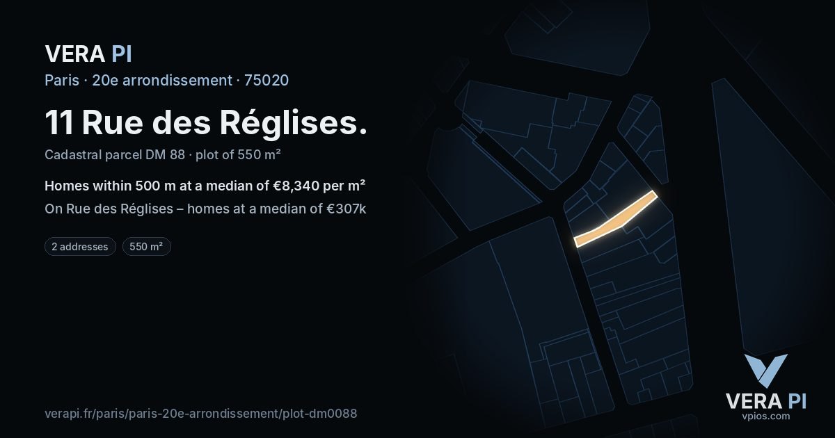 11 Rue des Réglises, 20e arrondissement at night – the plot lit, the parcels around coloured by the prices near them