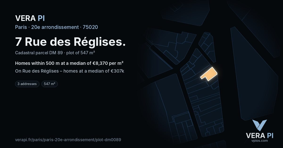 7 Rue des Réglises, 20e arrondissement at night – the plot lit, the parcels around coloured by the prices near them