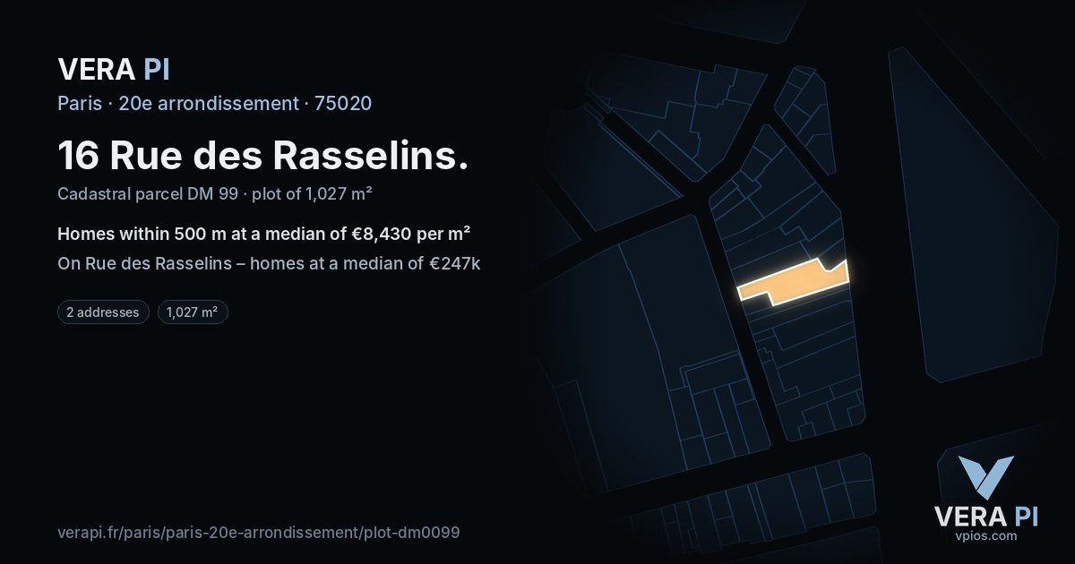 16 Rue des Rasselins, 20e arrondissement at night – the plot lit, the parcels around coloured by the prices near them
