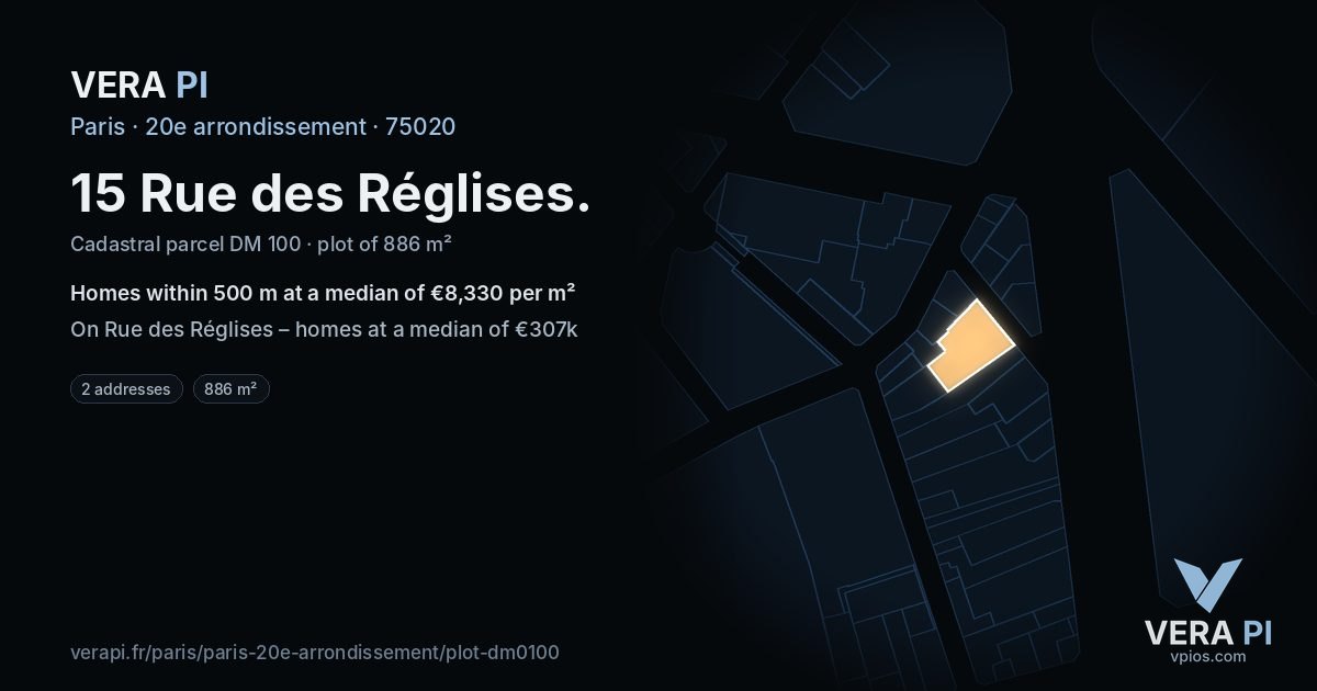 15 Rue des Réglises, 20e arrondissement at night – the plot lit, the parcels around coloured by the prices near them