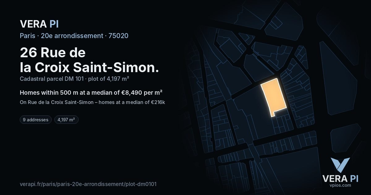26 Rue de la Croix Saint-Simon, 20e arrondissement at night – the plot lit, the parcels around coloured by the prices near them