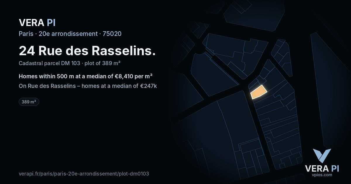 24 Rue des Rasselins, 20e arrondissement at night – the plot lit, the parcels around coloured by the prices near them