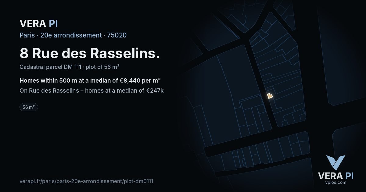 8 Rue des Rasselins, 20e arrondissement at night – the plot lit, the parcels around coloured by the prices near them