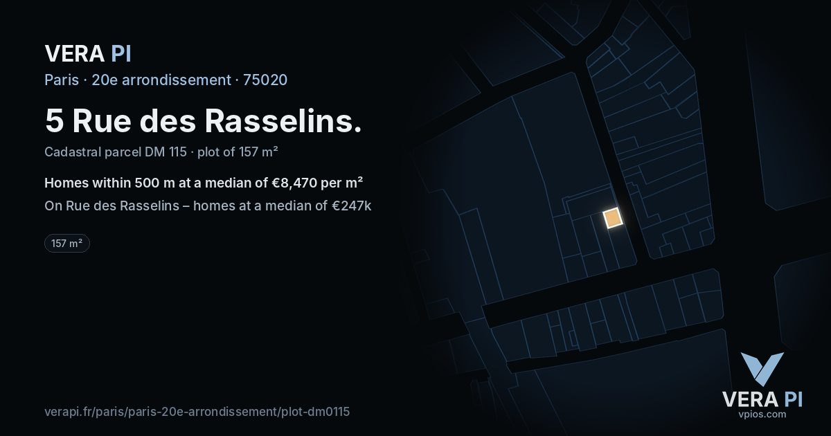5 Rue des Rasselins, 20e arrondissement at night – the plot lit, the parcels around coloured by the prices near them