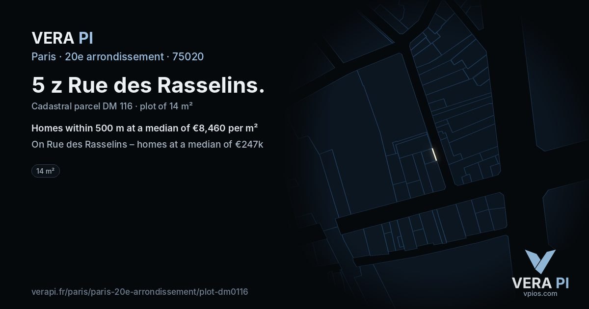 5 z Rue des Rasselins, 20e arrondissement at night – the plot lit, the parcels around coloured by the prices near them