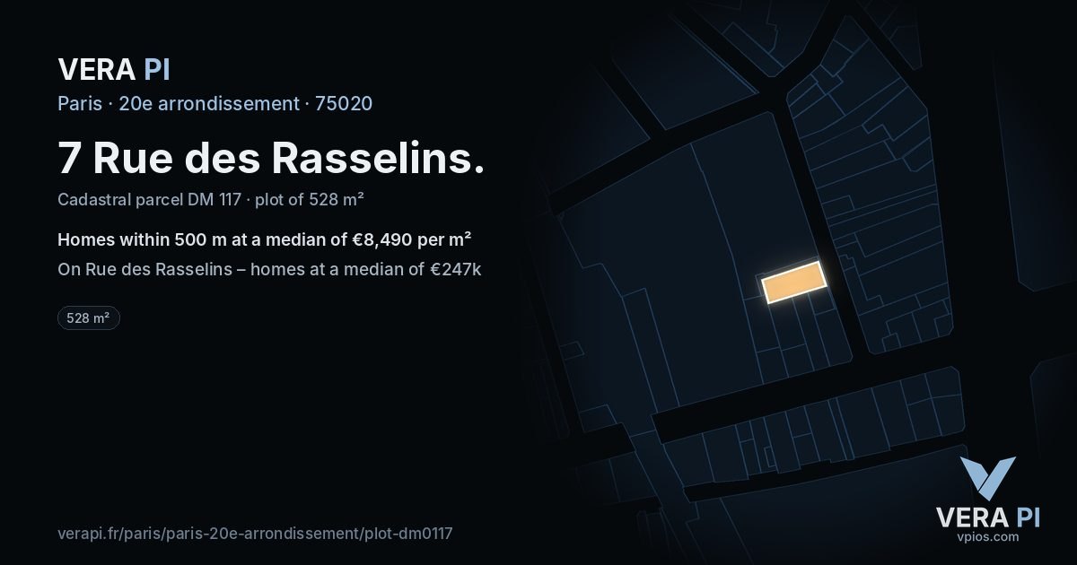 7 Rue des Rasselins, 20e arrondissement at night – the plot lit, the parcels around coloured by the prices near them