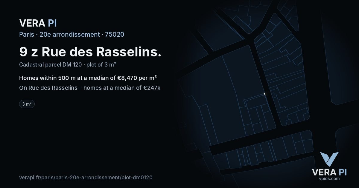 9 z Rue des Rasselins, 20e arrondissement at night – the plot lit, the parcels around coloured by the prices near them