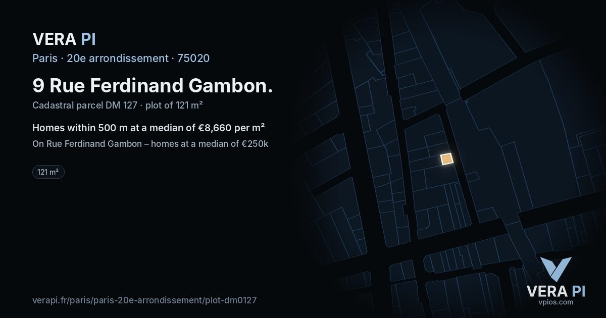 9 Rue Ferdinand Gambon, 20e arrondissement at night – the plot lit, the parcels around coloured by the prices near them