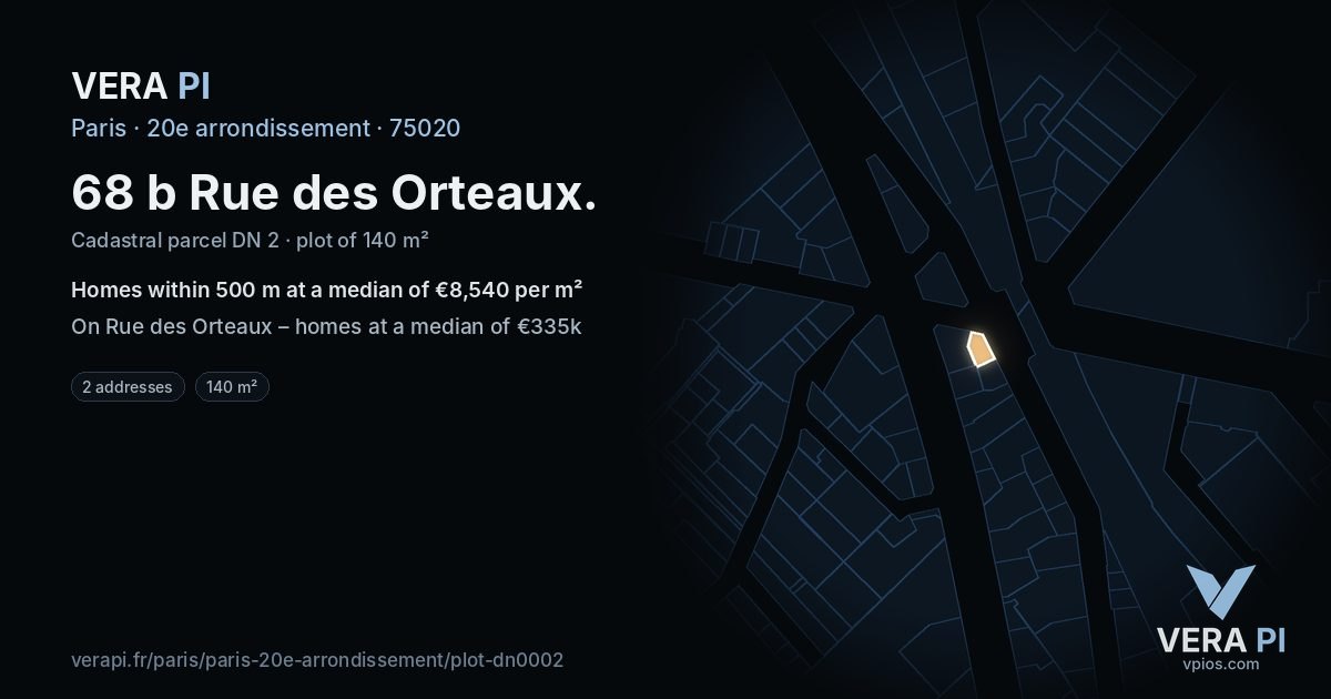 68 b Rue des Orteaux, 20e arrondissement at night – the plot lit, the parcels around coloured by the prices near them