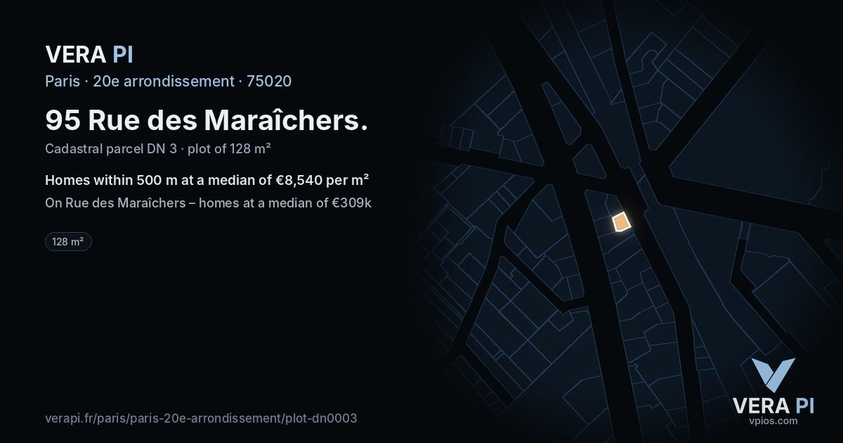 95 Rue des Maraîchers, 20e arrondissement at night – the plot lit, the parcels around coloured by the prices near them